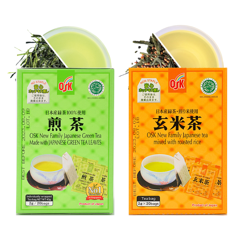 OSK Sencha Green Tea & OSK Genmaicha Roasted Rice Tea – Authentic Japanese Teabags, 40ct, Fresh & Nutty Flavor, Zero Calories, Sugar-Free, Hot or Cold Brew - Combo Pack